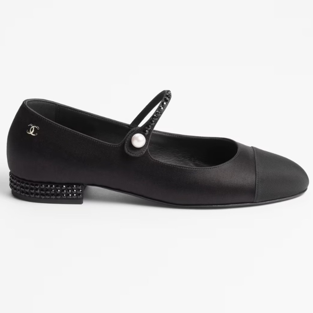 Chanel 24B Black Silk Crystal CC Logo Mary Jane Strap Ballerina Ballet Flat 38.5 - Picture 1 of 15